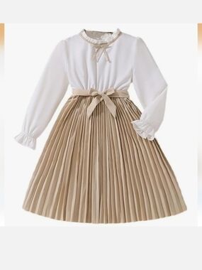 Girls Cream and Beige Pleated Bow-front Dress